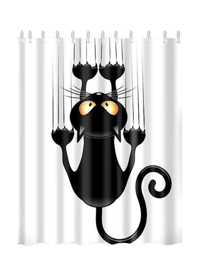 Cat Printed Shower Curtain With Hook White/Black/Yellow 165x180centimeter