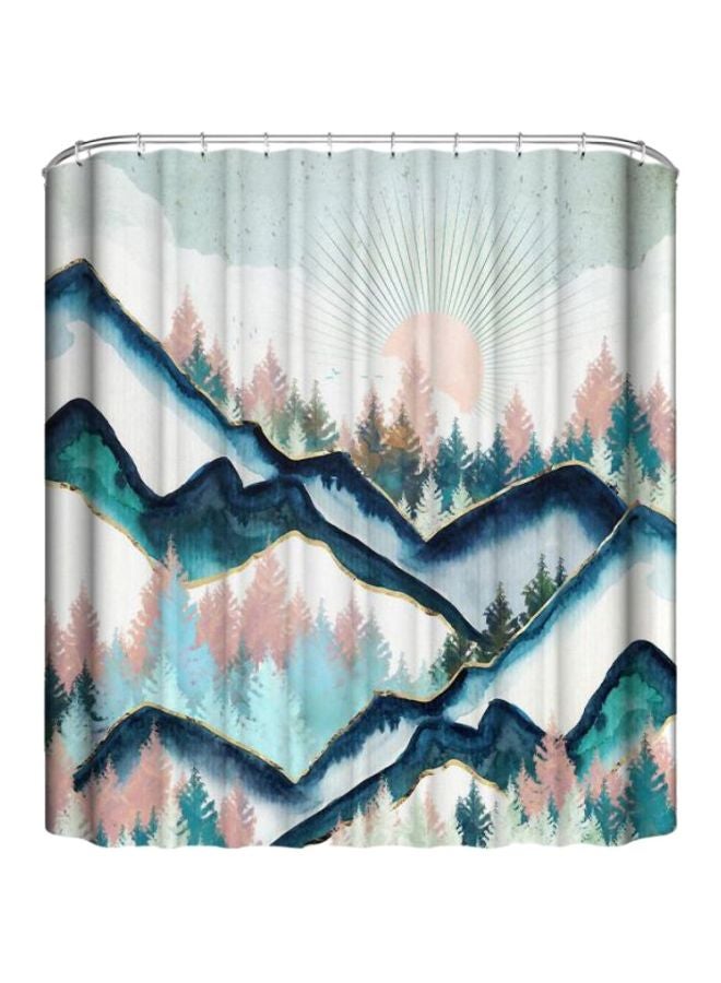 Mountain Printed Shower Curtain With Hooks Blue/White/Pink 165x180cm