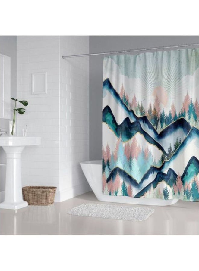 Mountain Printed Shower Curtain With Hooks Blue/White/Pink 165x180cm