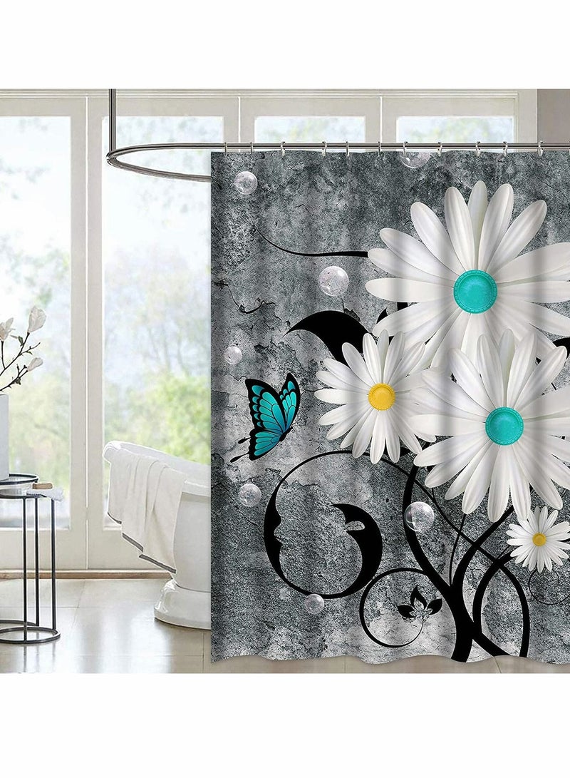 Shower Curtain, Floral Butterfly White Daisy Shower Curtain for Bathroom Farmhouse Rustic Bathroom Curtain with 12 Hooks, Waterproof Fabric Flower Bathroom Shower Curtains, 72