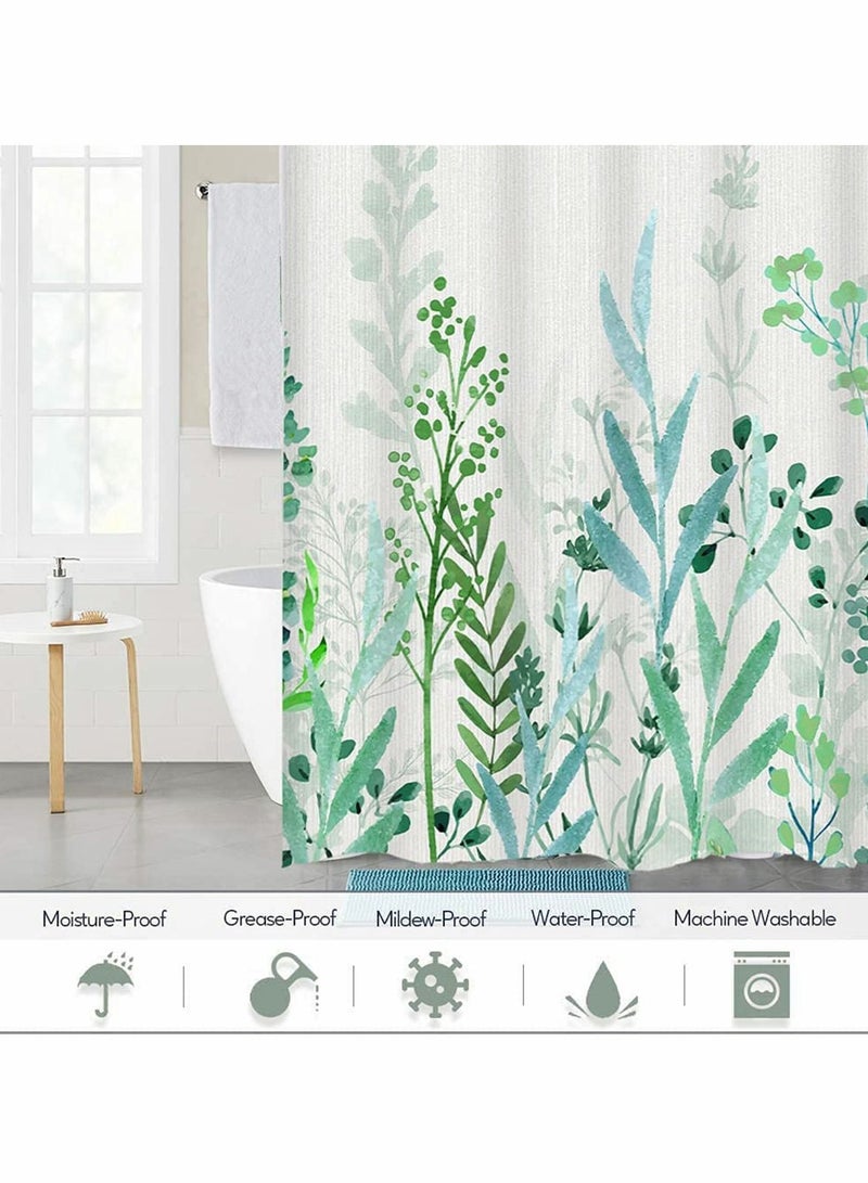 Watercolor Floral Shower Curtain, Greenery Botanical Leaves Shower Curtain with 12 Hooks, Waterproof Spring Shower Curtains for Bathroom