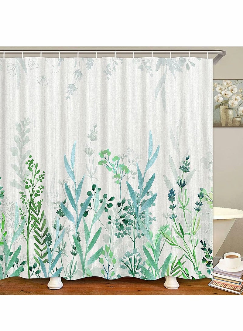 Watercolor Floral Shower Curtain, Greenery Botanical Leaves Shower Curtain with 12 Hooks, Waterproof Spring Shower Curtains for Bathroom