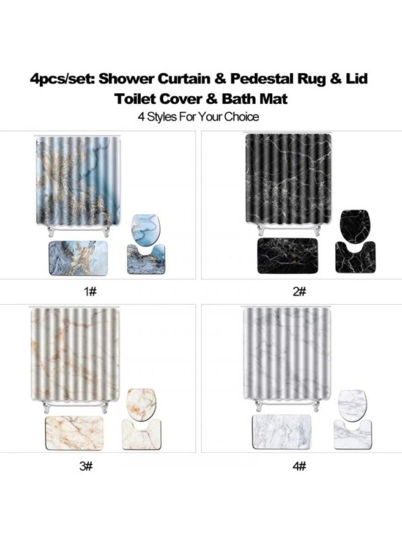 4pcs/set Water-resistant Shower Curtain & Lid Toilet Cover Pedestal Rug Non-slip Bath Mat Bathroom Decoration Accessories