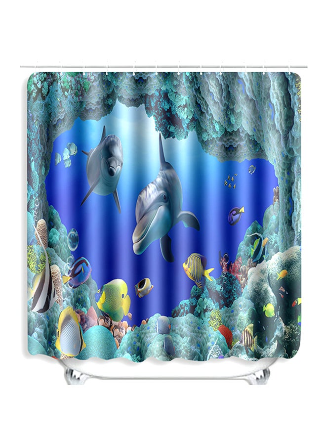 Blue Ocean Dolphin Printed Shower Curtain With 12 Hooks Multicolour 71x71inch