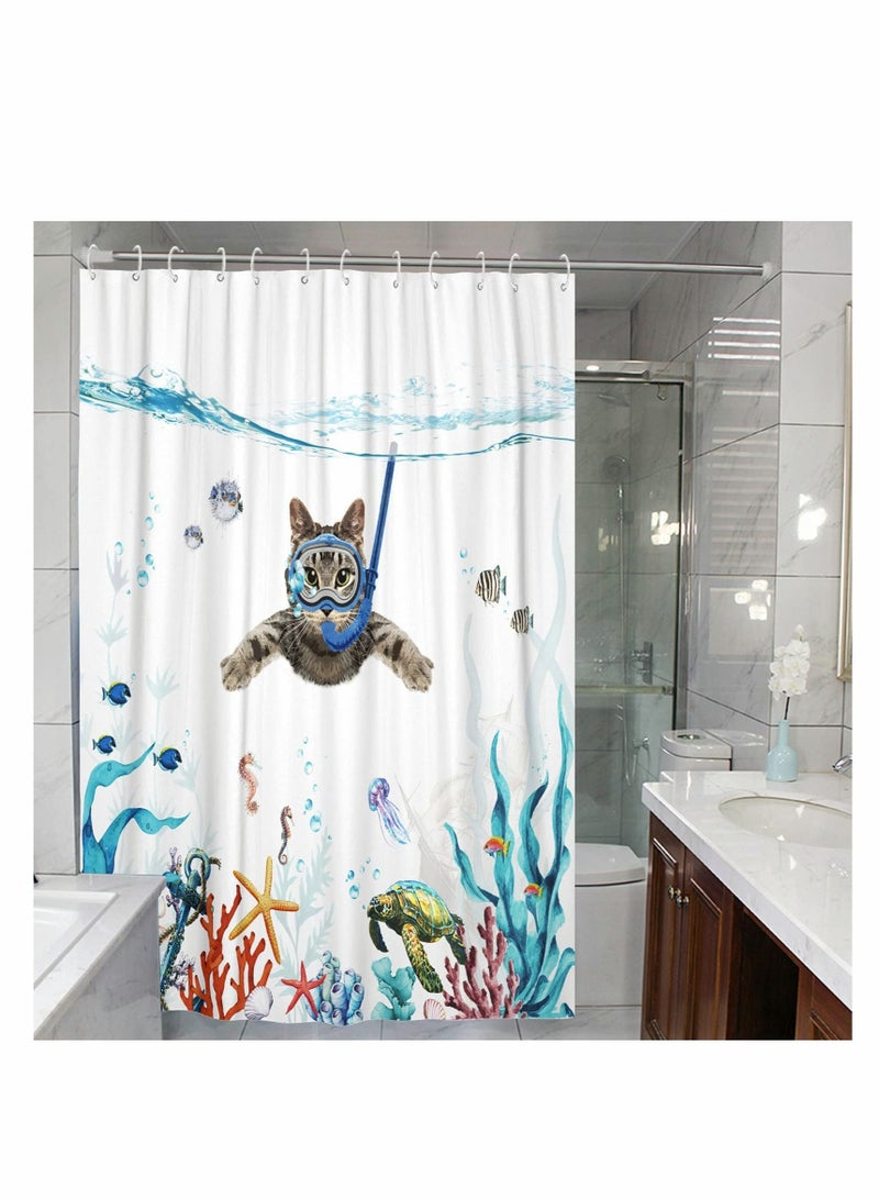 Funny Cat Shower Curtain Set, Blue Sea Ocean Animal Waterproof Fabric Shower Curtains for Standard Bathtub, Curtain for Bathroom Decor, Washable Fabric Shower Curtain Set 72''×72''