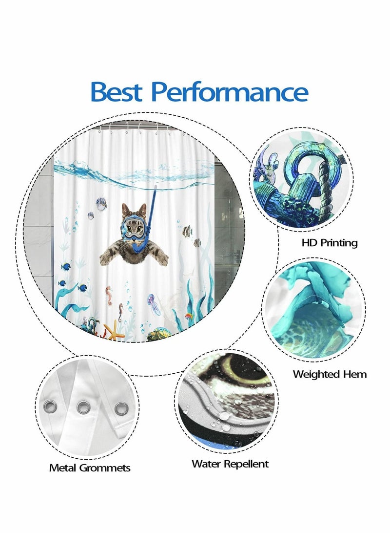 Funny Cat Shower Curtain Set, Blue Sea Ocean Animal Waterproof Fabric Shower Curtains for Standard Bathtub, Curtain for Bathroom Decor, Washable Fabric Shower Curtain Set 72''×72''