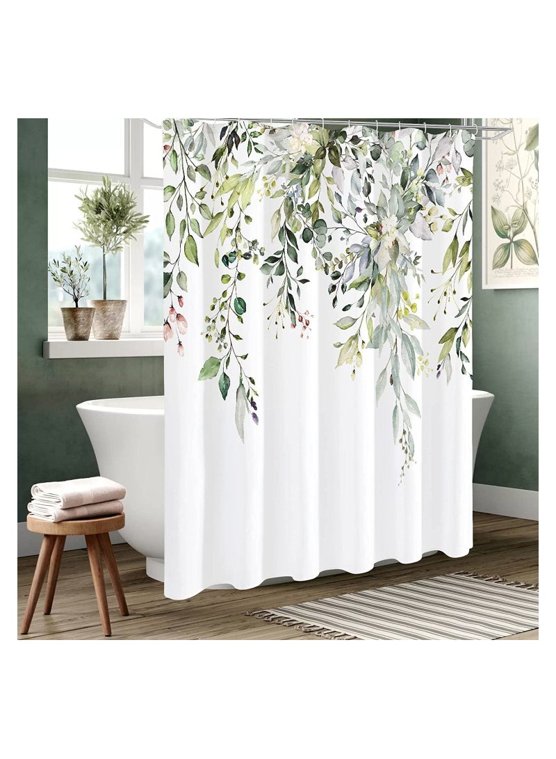 Shower Curtain, Green Eucalyptus Watercolor Plant Leaves with Floral Bathroom Decor Waterproof Fabric Shower Curtain with 12 Hooks, 72x72 Inch Bath Accessories Art Home Decor Fabric (Green Eucalyptus)