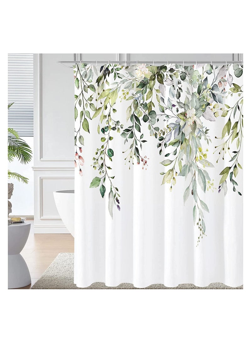 Shower Curtain, Green Eucalyptus Watercolor Plant Leaves with Floral Bathroom Decor Waterproof Fabric Shower Curtain with 12 Hooks, 72x72 Inch Bath Accessories Art Home Decor Fabric (Green Eucalyptus)