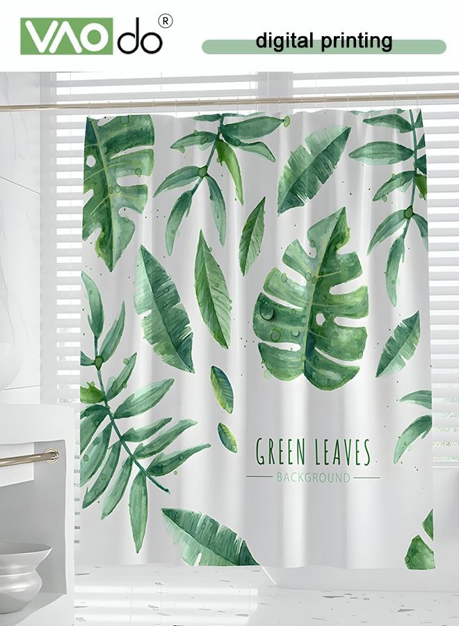 Polyester Printed Shower Curtain Green Leaf Image Printing Easy to Clean Polyester Material Thickened and Impermeable Machine Washable Warm Shower Curtain Waterproof and Mildew Proof Shower Curtain