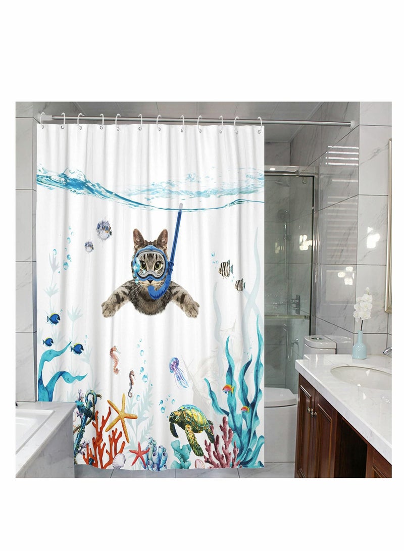 Funny Cat Shower Curtain Set, Blue Sea Ocean Animal Waterproof Fabric Shower Curtains for Standard Bathtub, Curtain for Bathroom Decor, Washable Fabric Shower Curtain Set 72''×72''