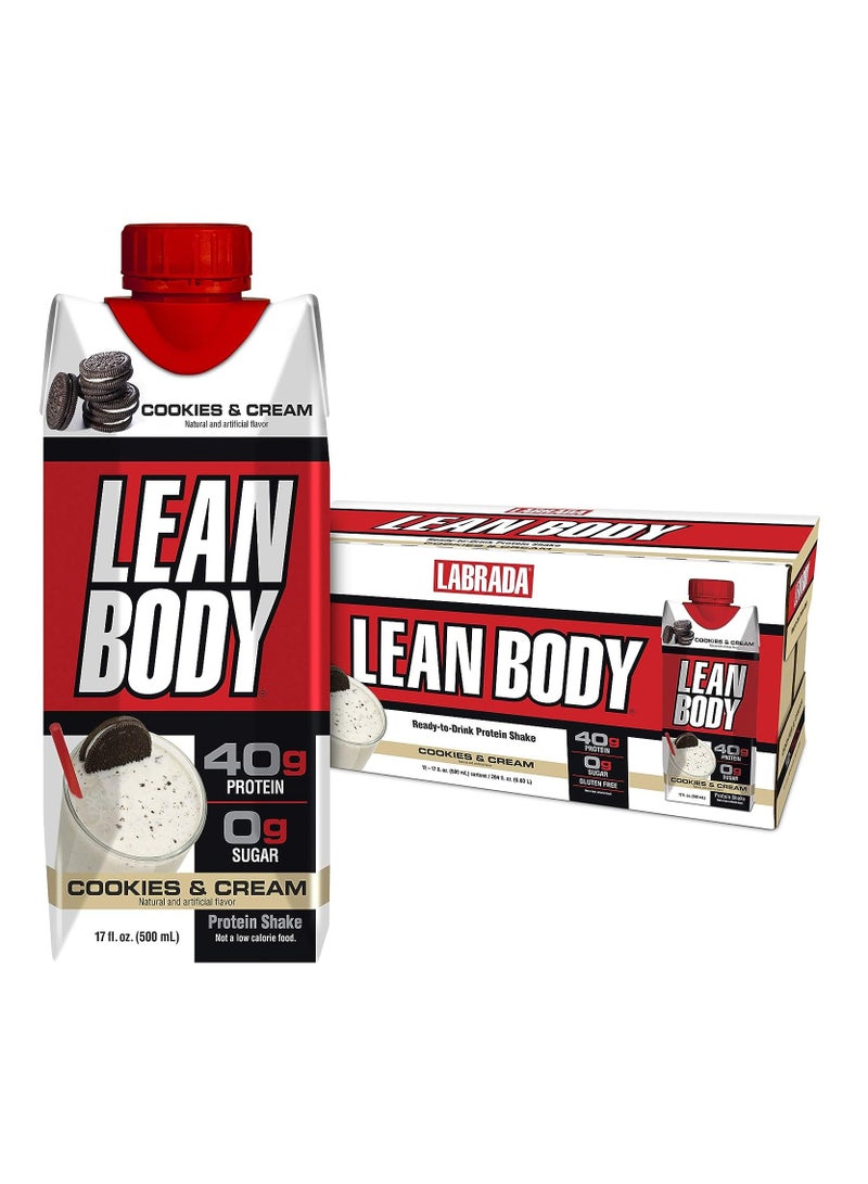 Lean Body Ready-to-Drink Cookies and Cream Protein Shake, 40g Protein, Whey Blend, 0 Sugar, Gluten Free, 22 Vitamins & Minerals, Pack of 12.