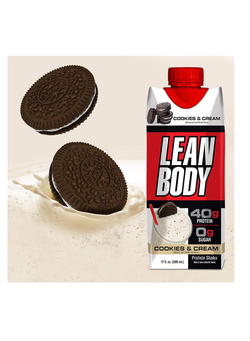 Lean Body Ready-to-Drink Cookies and Cream Protein Shake, 40g Protein, Whey Blend, 0 Sugar, Gluten Free, 22 Vitamins & Minerals, Pack of 12.