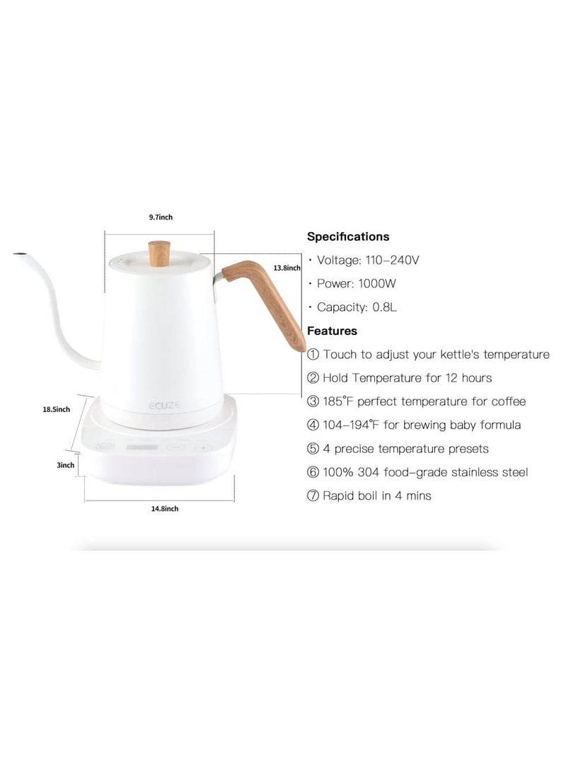 Electric Kettle with Temperature Control 3 Presets Pour Over Electric Kettle for Coffee&Tea Quick Heating Hot Water Kettle Stainless Steel Inner Auto Shutoff Boil-Dry Protection 0.8L (White)