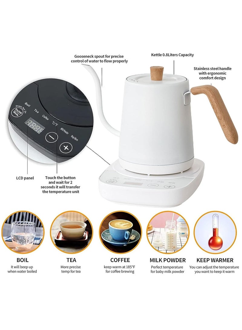 Electric Kettle with Temperature Control 3 Presets Pour Over Electric Kettle for Coffee&Tea Quick Heating Hot Water Kettle Stainless Steel Inner Auto Shutoff Boil-Dry Protection 0.8L (White)