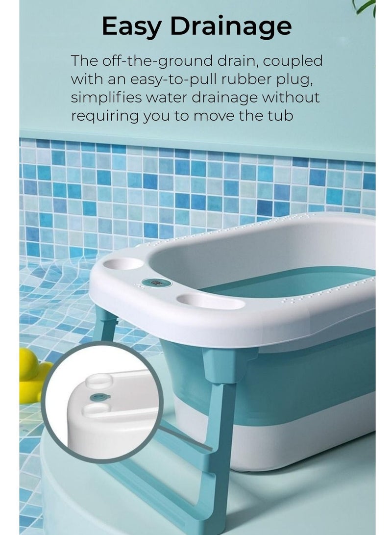 Baby Bath Tub with Seat & Thermometer, Portable Travel Collapsible Baby Bathtub with Drain Hole, Durable Foldable Infant Bathtub Newborn to Toddler