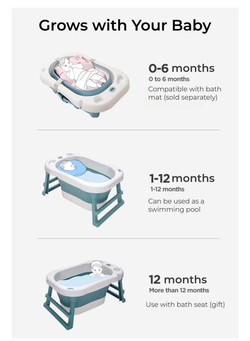 Baby Bath Tub with Seat & Thermometer, Portable Travel Collapsible Baby Bathtub with Drain Hole, Durable Foldable Infant Bathtub Newborn to Toddler
