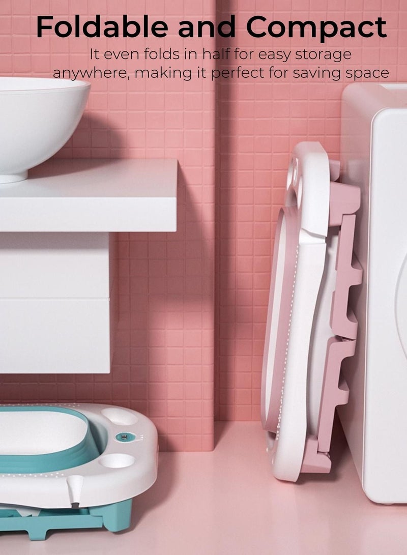 Baby Bath Tub with Seat & Thermometer, Portable Travel Collapsible Baby Bathtub with Drain Hole, Durable Foldable Infant Bathtub Newborn to Toddler