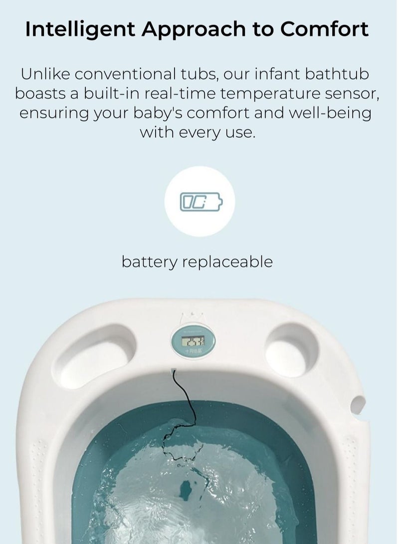 Baby Bath Tub with Seat & Thermometer, Portable Travel Collapsible Baby Bathtub with Drain Hole, Durable Foldable Infant Bathtub Newborn to Toddler
