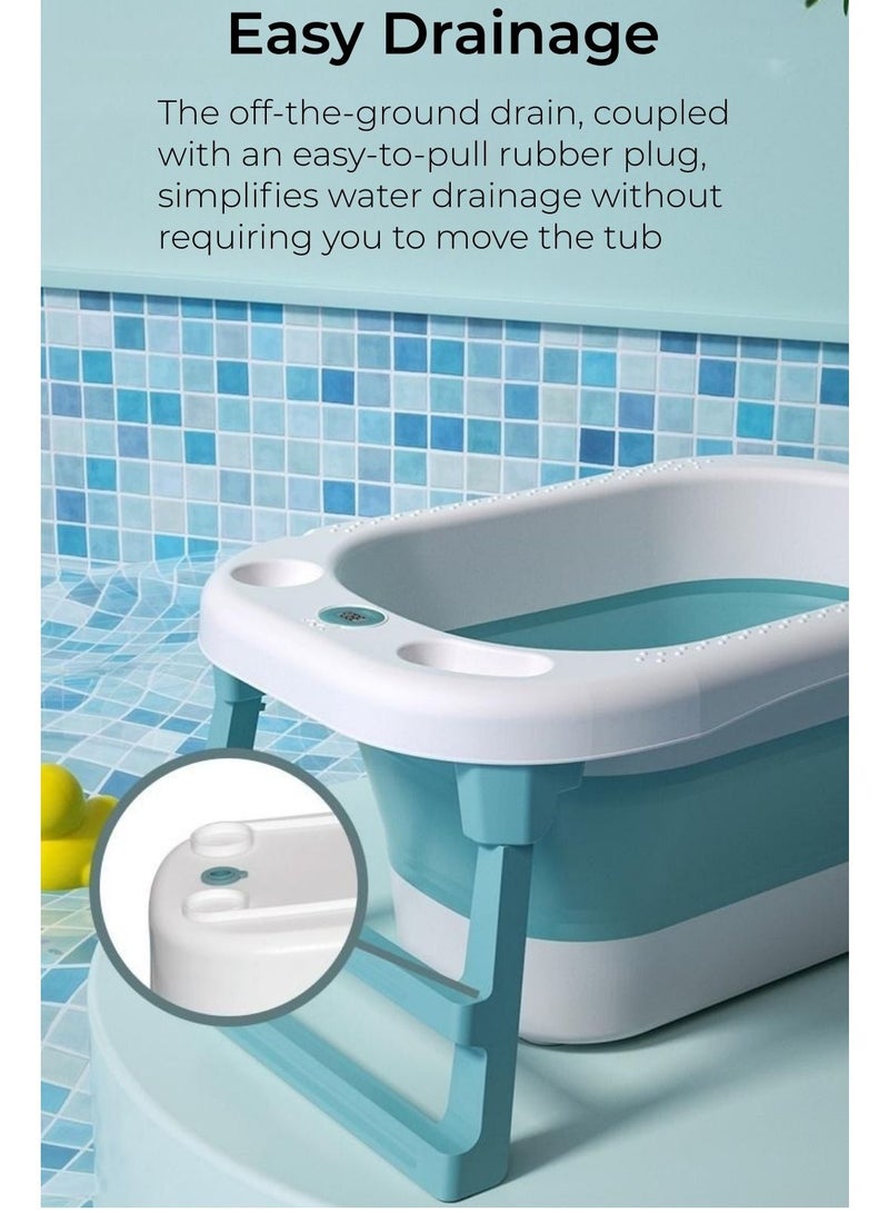 Baby Bath Tub with Seat & Thermometer, Portable Travel Collapsible Baby Bathtub with Drain Hole, Durable Foldable Infant Bathtub Newborn to Toddler