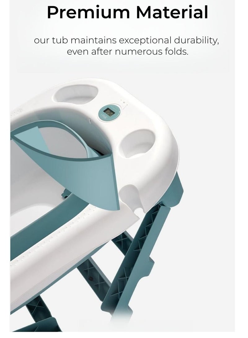 Baby Bath Tub with Seat & Thermometer, Portable Travel Collapsible Baby Bathtub with Drain Hole, Durable Foldable Infant Bathtub Newborn to Toddler