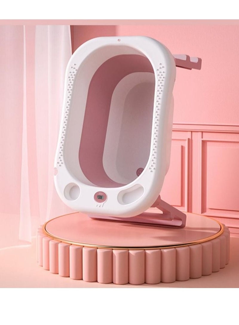 Baby Bath Tub with Seat & Thermometer, Portable Travel Collapsible Baby Bathtub with Drain Hole, Durable Foldable Infant Bathtub Newborn to Toddler