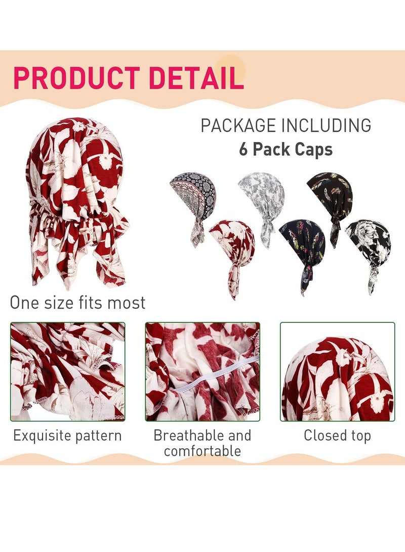 Women Bandana Hats, 6 Pieces Stretch Print Wrap Head Beanies Covers Caps Ruffle Tie Windproof Scarf Wearing Accessories