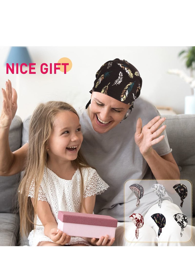 Women Bandana Hats, 6 Pieces Stretch Print Wrap Head Beanies Covers Caps Ruffle Tie Windproof Scarf Wearing Accessories