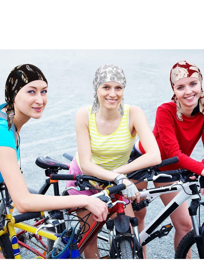 Women Bandana Hats, 6 Pieces Stretch Print Wrap Head Beanies Covers Caps Ruffle Tie Windproof Scarf Wearing Accessories