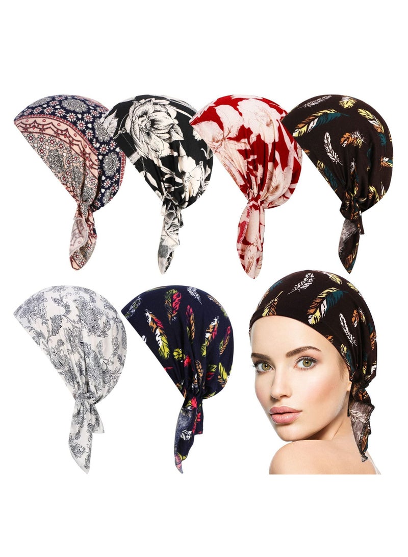 Women Bandana Hats, 6 Pieces Stretch Print Wrap Head Beanies Covers Caps Ruffle Tie Windproof Scarf Wearing Accessories
