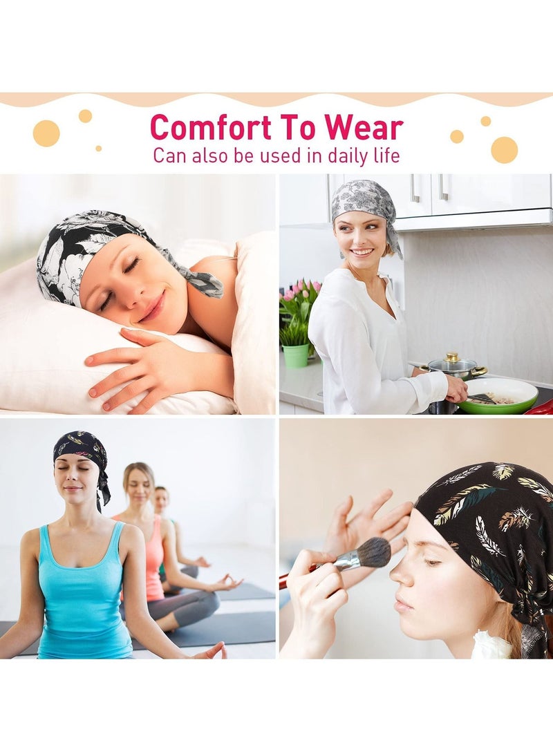 Women Bandana Hats, 6 Pieces Stretch Print Wrap Head Beanies Covers Caps Ruffle Tie Windproof Scarf Wearing Accessories