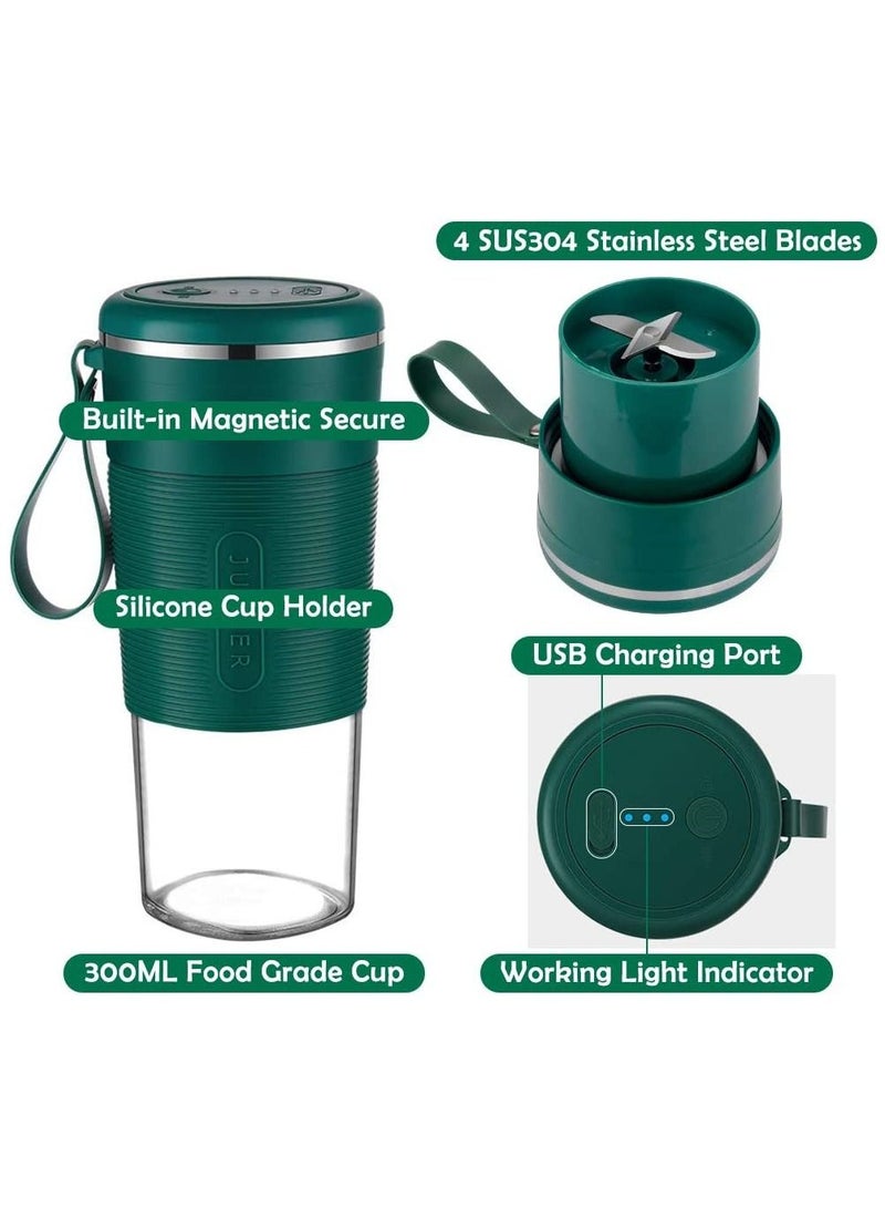 Portable Blender, USB Rechargeable 300ml Four Blades, Smoothie Maker Fruit Shake Personal Mini Juicer Green