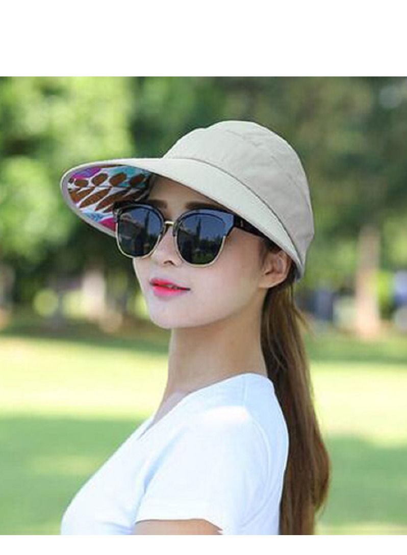 Women Sun Hat, Summer Beach Caps Women Hat Wide Brim UV Protection Floppy Brown Roll Up Hat Double-Side-Wear Ponytail Hats Baseball Caps Adjustable Cap