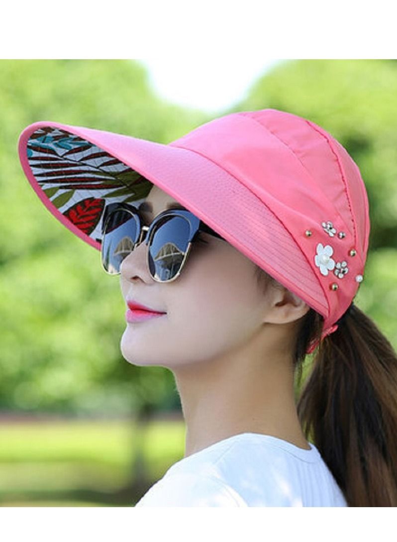 Women Sun Hat, Summer Beach Caps Women Hat Wide Brim UV Protection Floppy Brown Roll Up Hat Double-Side-Wear Ponytail Hats Baseball Caps Adjustable Cap