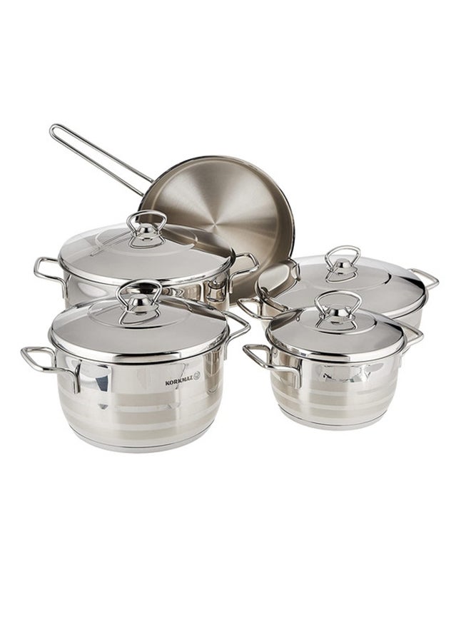 9-Piece 18/10 Cr-Ni Stainless Steel Polished To A High Gloss With Three Satin Stripes  3 Ply Bottom With Thermal Coating Cookware Set Includes Casserole With Lids (2, 3.5, 6.5), 1x Low Cassarole - 3.5 liters Silver
