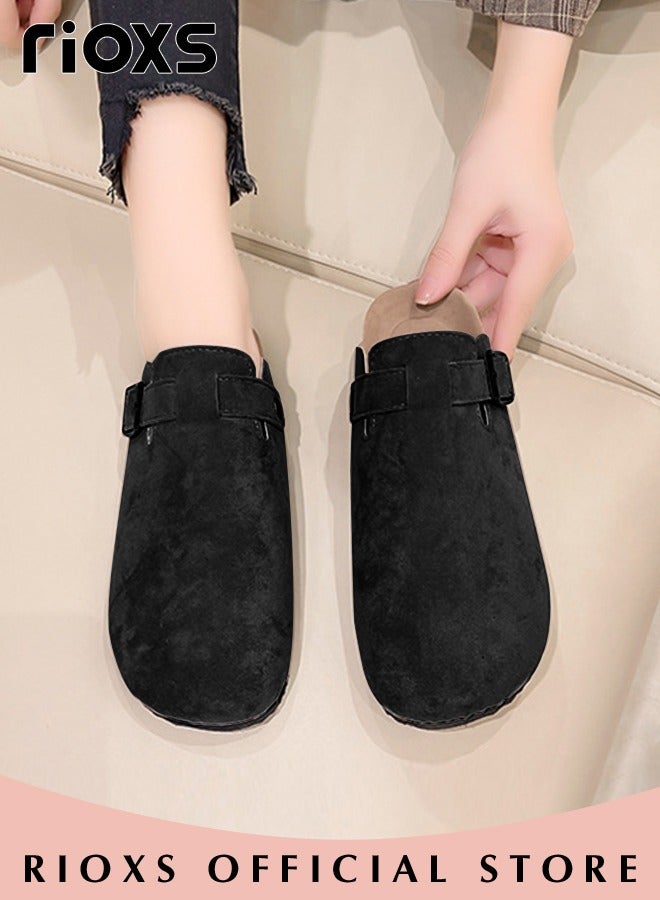 Unisex Suede Closed Toe Clogs Leather Mules Cork Sandals Classic Anti-Slip Sole Slippers With Arch Support And Adjustable Buckle