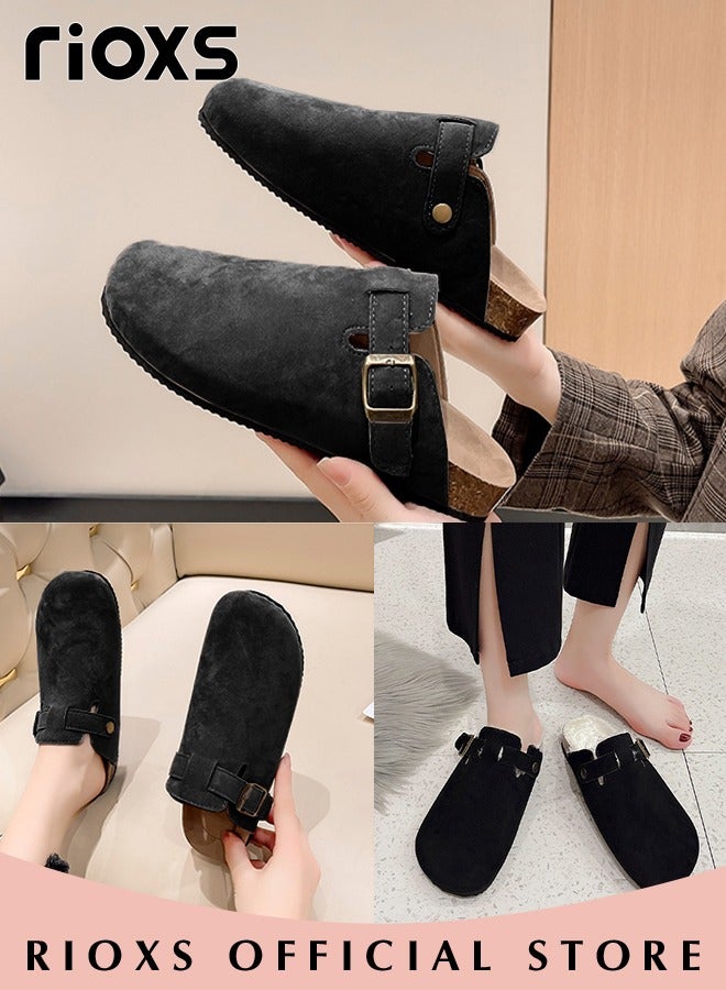 Unisex Suede Closed Toe Clogs Leather Mules Cork Sandals Classic Anti-Slip Sole Slippers With Arch Support And Adjustable Buckle