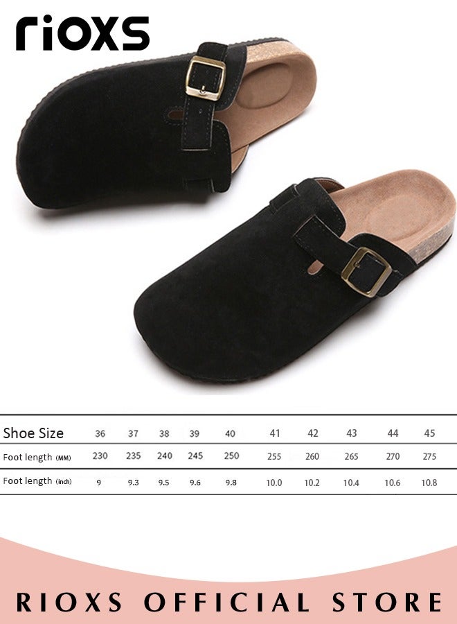 Unisex Suede Closed Toe Clogs Leather Mules Cork Sandals Classic Anti-Slip Sole Slippers With Arch Support And Adjustable Buckle