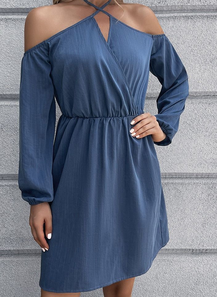Women's Solid V-Neck Dress Blue