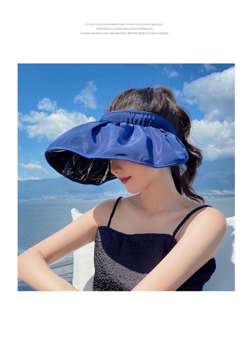 Women Sun Hat Summer Beach Caps Women Hat Wide Brim UV Protection Floppy Blue Roll Up Hat Double-Side-Wear Ponytail Hats Baseball Caps Adjustable Cap