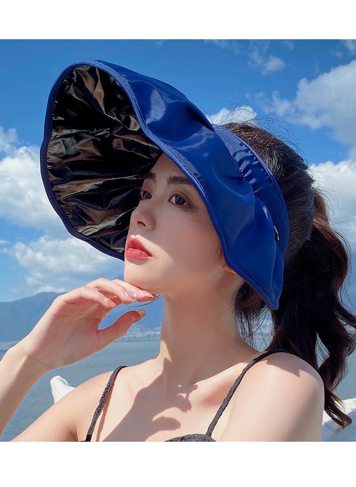 Women Sun Hat Summer Beach Caps Women Hat Wide Brim UV Protection Floppy Blue Roll Up Hat Double-Side-Wear Ponytail Hats Baseball Caps Adjustable Cap