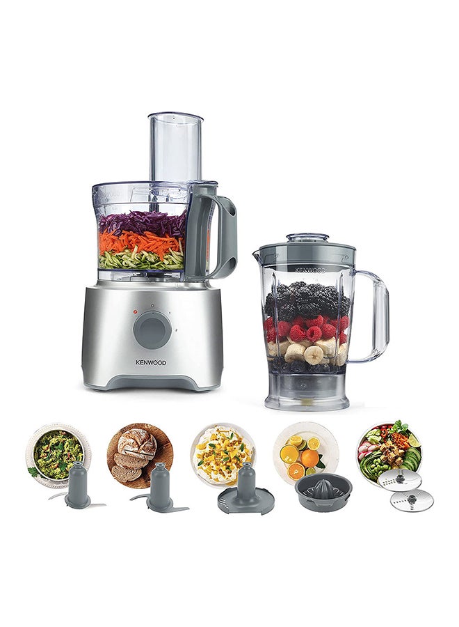 Food Processor Multi-Functional With 2 Stainless Steel Disks, Blender, Whisk, Dough Maker, Citrus Juicer 2.1 L 800.0 W FDP304 Silver/Clear