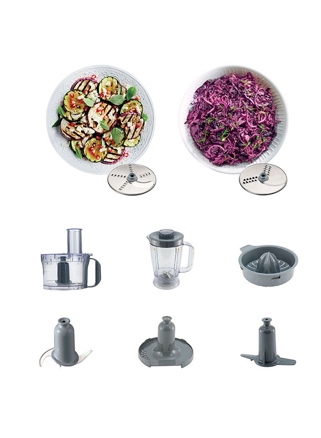 Food Processor Multi-Functional With 2 Stainless Steel Disks, Blender, Whisk, Dough Maker, Citrus Juicer 2.1 L 800 W FDP304 Silver/Clear