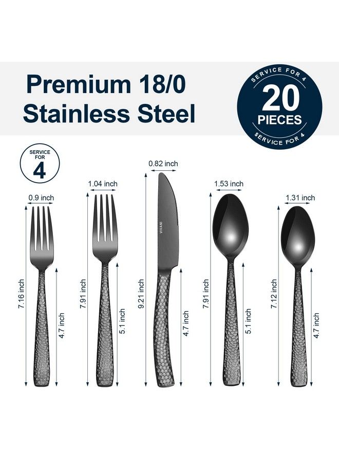 Black Hammered Silverware Set For 4 Vivani 20Piece Gunmetal Thicken Silverware Stainless Steel Black Utensil Set Forged Flatware Set Cutlery Set For Home Party Hotel