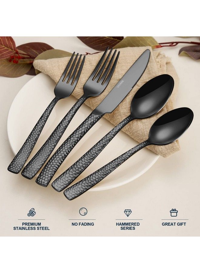 Black Hammered Silverware Set For 4 Vivani 20Piece Gunmetal Thicken Silverware Stainless Steel Black Utensil Set Forged Flatware Set Cutlery Set For Home Party Hotel
