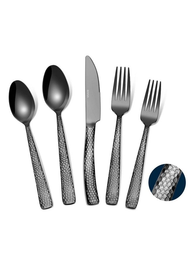 Black Hammered Silverware Set For 4 Vivani 20Piece Gunmetal Thicken Silverware Stainless Steel Black Utensil Set Forged Flatware Set Cutlery Set For Home Party Hotel