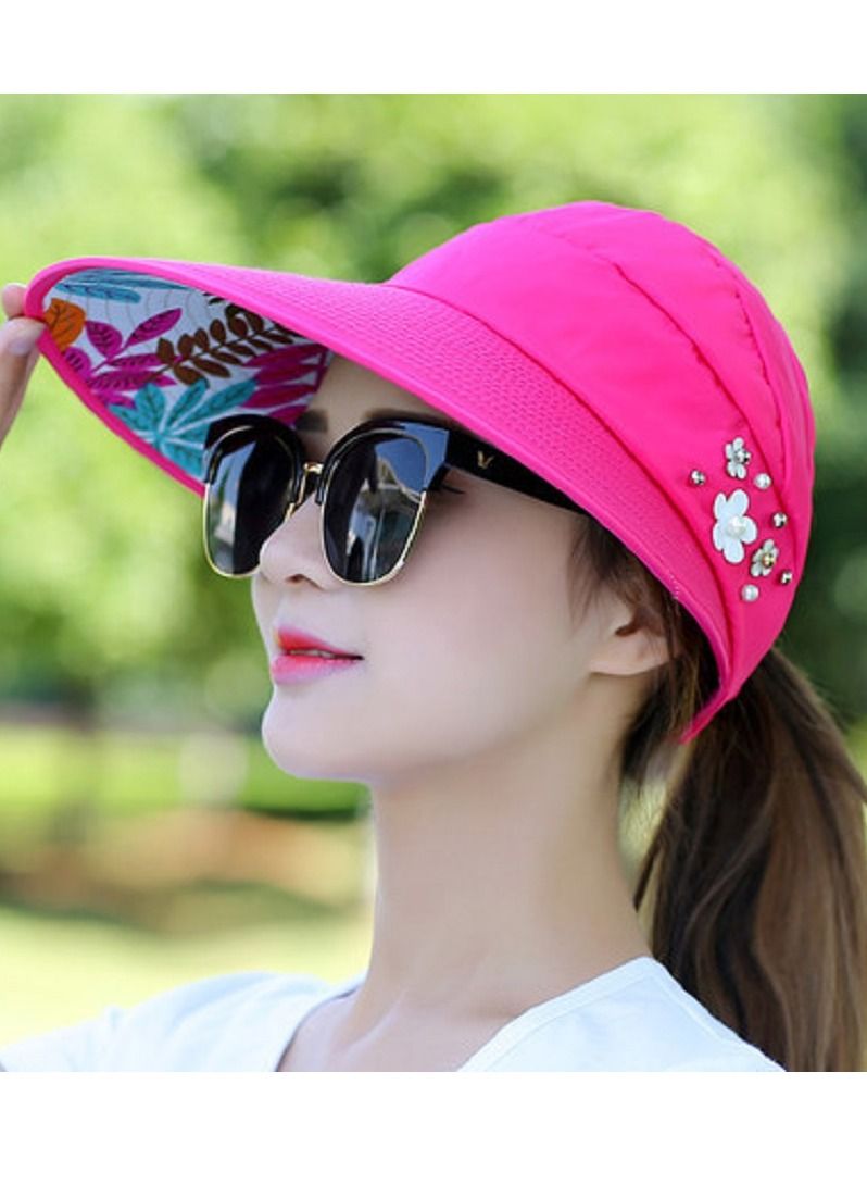 Women Sun Hat, Summer Beach Caps Women Hat Wide Brim UV Protection Floppy Brown Roll Up Hat Double-Side-Wear Ponytail Hats Baseball Caps Adjustable Cap