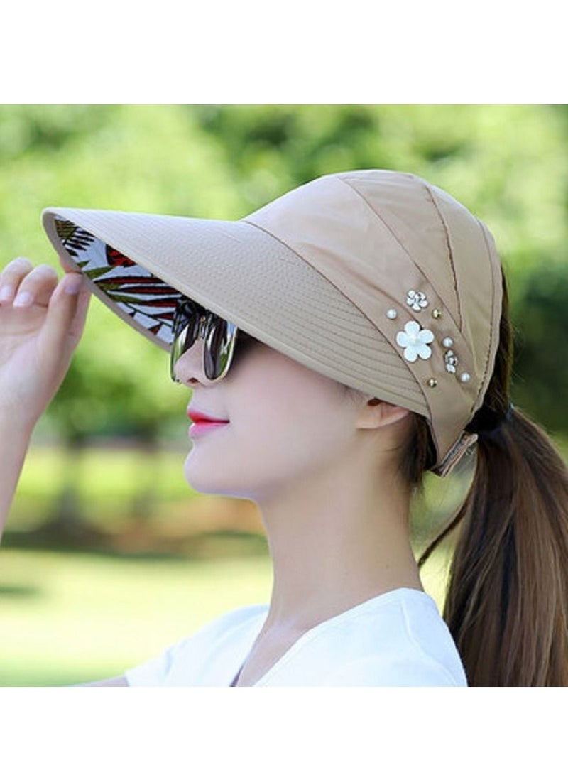 Women Sun Hat Summer Beach Caps Women Hat Wide Brim UV Protection Floppy Brown Roll Up Hat Double-Side-Wear Ponytail Hats Baseball Caps Adjustable Cap