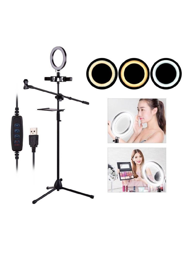 LED Ring Light Kit with Metal Tripod Stand Microphone Boom Arm Mic Clip Dual Phone Holder