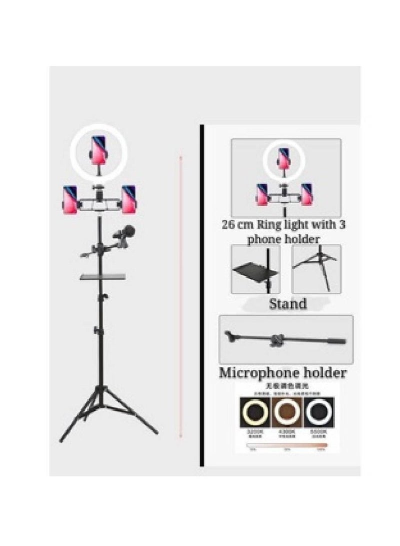 LED Ring Light Kit with Metal Tripod Stand Microphone Boom Arm Mic Clip Dual Phone Holder