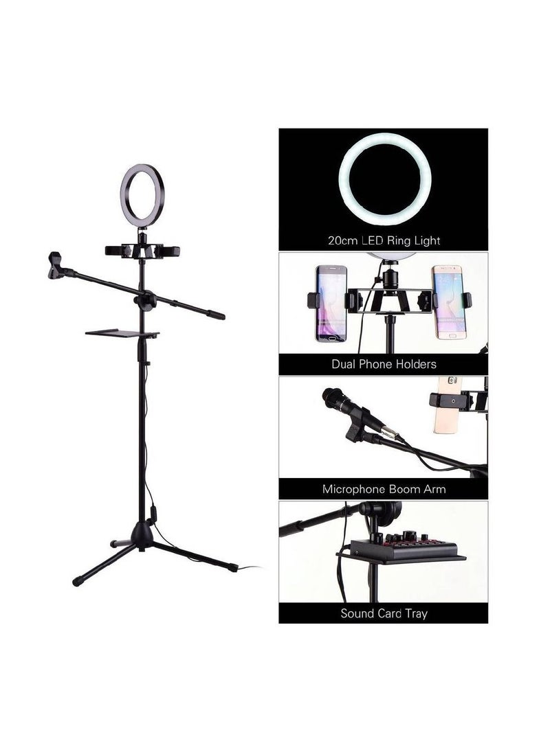 LED Ring Light Kit with Metal Tripod Stand Microphone Boom Arm Mic Clip Dual Phone Holder
